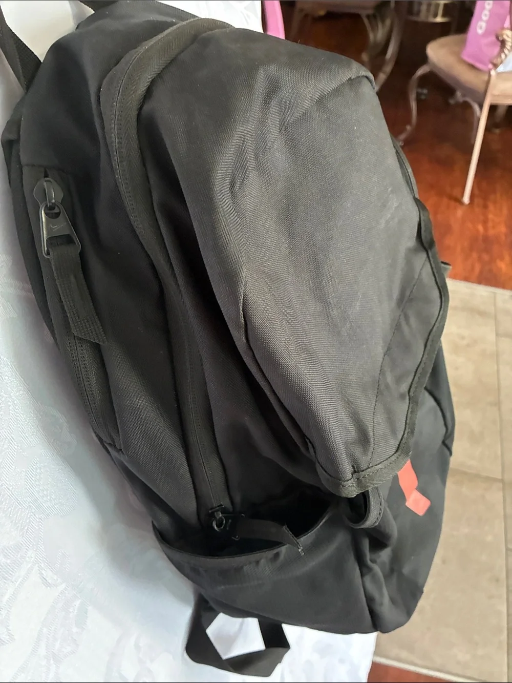 Nike Black Backpack with Neon Yellow Swoosh and Red Stripe Accents
